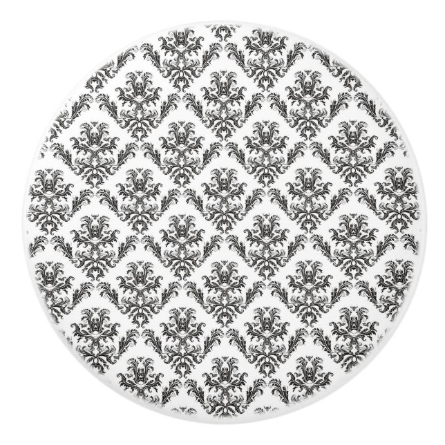 Bouton De Porte En Céramique Modèle Damask, Damask français, noir et blanc (Devant)