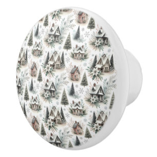 Bouton De Porte En Céramique Modèle de chute de neige de cottage d'hiver