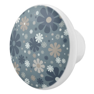 Bouton De Porte En Céramique Modèle floral rétro en bleu acier