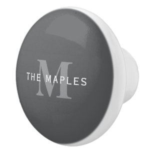 Bouton De Porte En Céramique Moderne Élégant Gris Foncé Monogramme & Nom