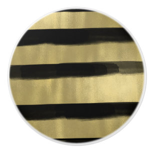 Bouton De Porte En Céramique Moderne Glamour Noir & Or Rayure Coup de Pinceau C