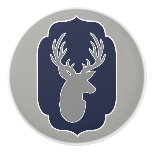Bouton De Porte En Céramique Moderne Rustic Grey Deer & Navy Bracket (Devant)
