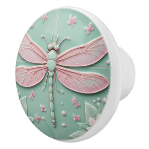 Bouton De Porte En Céramique Monnaie et rose libellule et fleurs Fille Floral