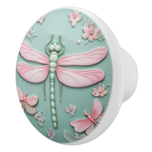 Bouton De Porte En Céramique Monnaie et rose libellule et fleurs Fille Floral