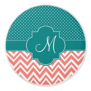Bouton De Porte En Céramique Monogram Coral Chevron avec Motif Polka Turquoise