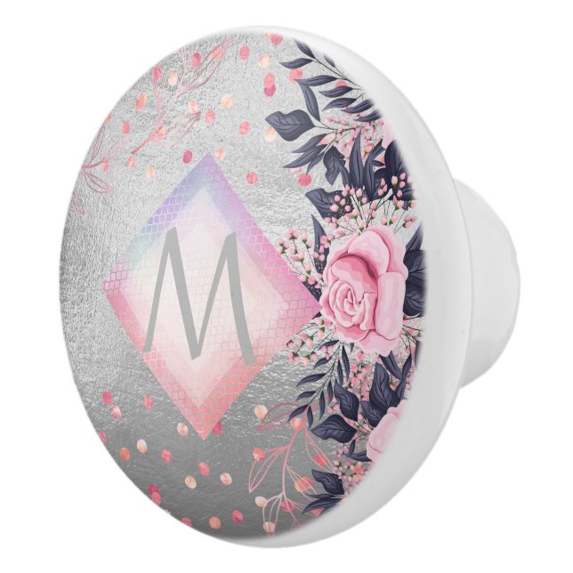 Bouton De Porte En Céramique Monogram Silver Navy Rosegold Girly Newlyweds Cade (Droite)