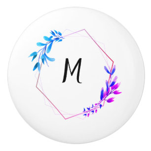 Bouton De Porte En Céramique monogramme abstrait cercle floral rose bleu
