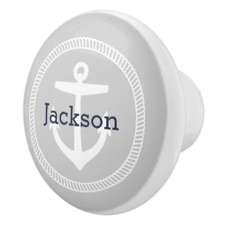 Bouton De Porte En Céramique Monogramme Ancre marine gris