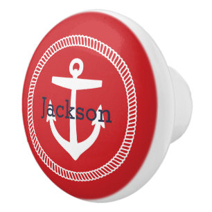 Bouton De Porte En Céramique Monogramme Ancre marine rouge