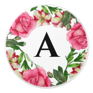 Bouton De Porte En Céramique Monogramme Aquarelle rose Floral Peinture de couro