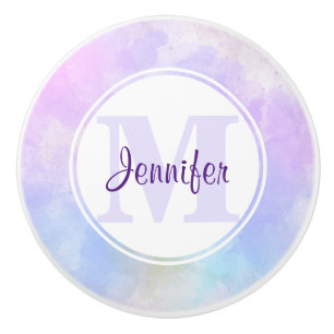 Bouton De Porte En Céramique Monogramme aquarelle rose violet bleu élégant