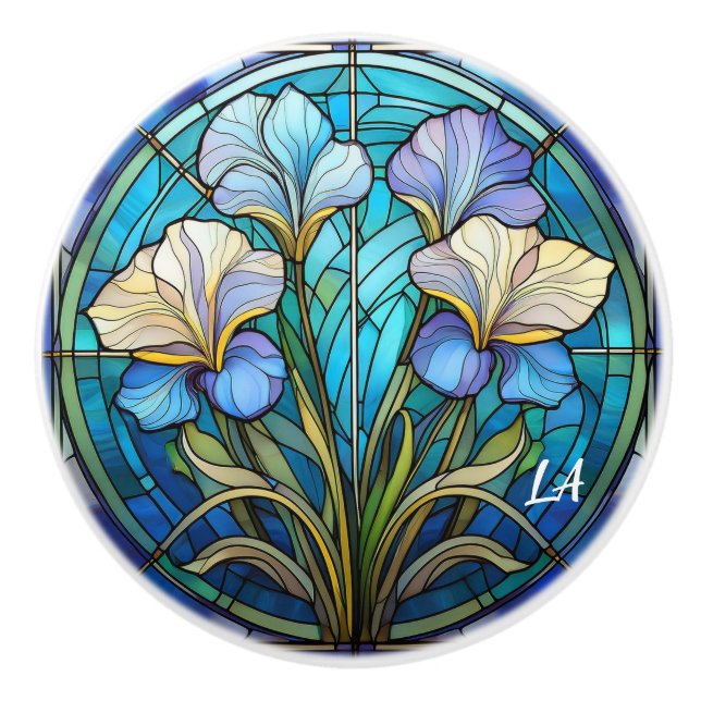 Bouton De Porte En Céramique Monogramme Art Nouveau Élégant Bleu Turquoise Flor (Devant)