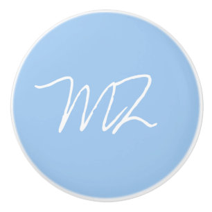 Bouton De Porte En Céramique Monogramme blanc sur Bleu bébé