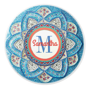 Bouton De Porte En Céramique Monogramme bleu turquoise traditionnel marocain