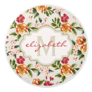 Bouton De Porte En Céramique Monogramme classique Fleurs florales victoriennes