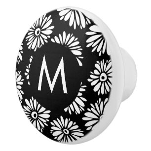 Bouton De Porte En Céramique Monogramme Daisy Noir et Blanc Groovy Minimaliste