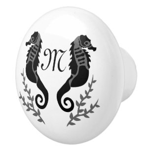 Bouton De Porte En Céramique Monogramme de silhouette de cheval de mer noir