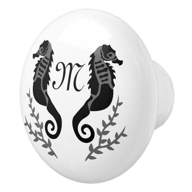 Bouton De Porte En Céramique Monogramme de silhouette de cheval de mer noir (Droite)