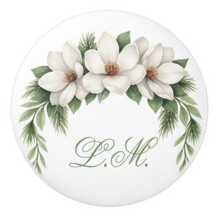 Bouton De Porte En Céramique Monogramme de végétation fleurie de Magnolia blanc