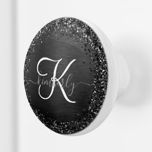 Bouton De Porte En Céramique Monogramme d'étincelle à Parties scintillant noire