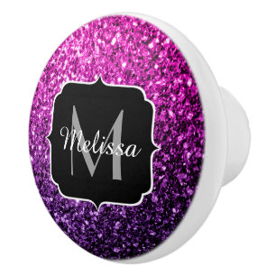 Bouton De Porte En Céramique Monogramme faux paillettes ombré rose violet