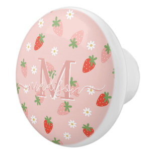 Bouton De Porte En Céramique Monogramme Fraises Roses et Rouges Sucrées