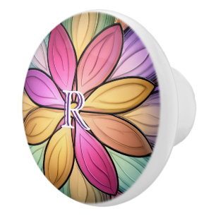 Bouton De Porte En Céramique Monogramme Initial Floral Élégant en Verre Cathédr