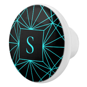 Bouton De Porte En Céramique Monogramme Initial Motif Géométrique Turquoise