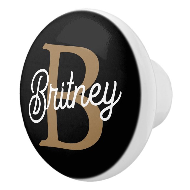 Bouton De Porte En Céramique Monogramme moderne élégant Nom Black Gold Script (Droite)