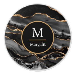 Bouton De Porte En Céramique Monogramme noir blanc et or fausse marbre agate