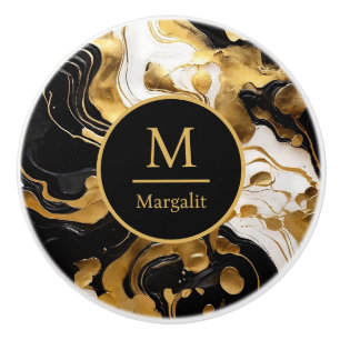Bouton De Porte En Céramique Monogramme noir blanc et or faux marbre