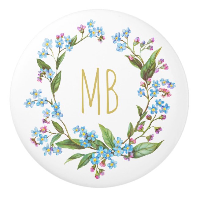 Bouton De Porte En Céramique Monogramme Oublier-Me-Pas Fleurs Bleues De Courbe (Devant)