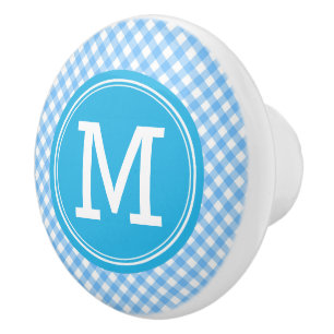 Bouton De Porte En Céramique Monogramme Pays Chic Bébé Bleu En vichy