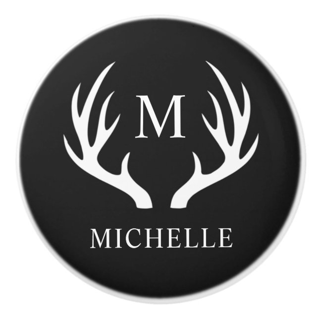 Bouton De Porte En Céramique Monogramme personnalisé avec Antler Cerf Blanc Noi (Devant)