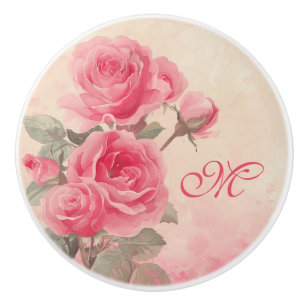 Bouton De Porte En Céramique Monogramme personnalisé Fleur rose Knox en céramiq