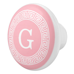 Bouton De Porte En Céramique Monogramme principal grec blanc rose d'initiale de