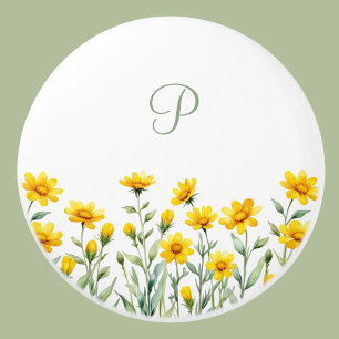Bouton De Porte En Céramique Monogramme Sage Fleurs vert et jaune sauvage