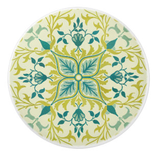Bouton De Porte En Céramique Morris Jaune Turquoise Motif de Vigne et de Fleur