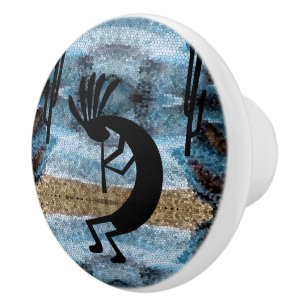 Bouton De Porte En Céramique Mosaïque de Kokopelli Sud-Ouest du désert Bleu