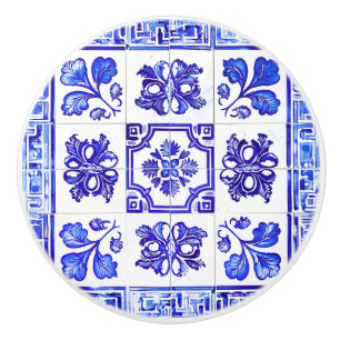 Bouton De Porte En Céramique Mosaïque grecque : Cobalt et blanc