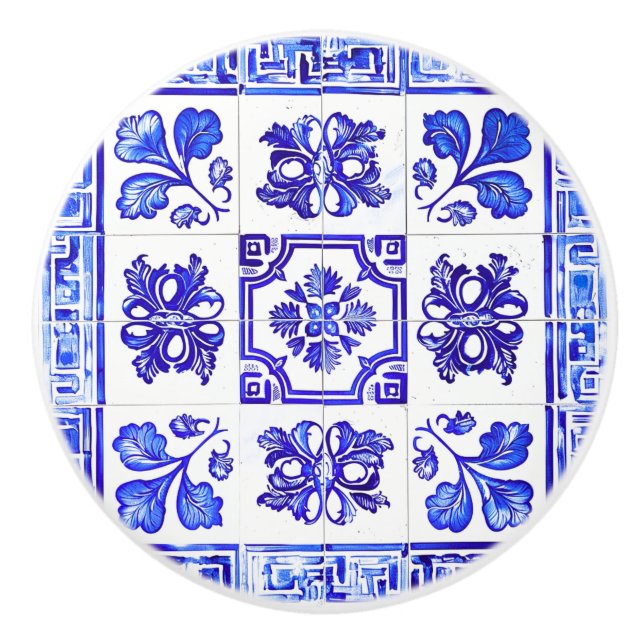 Bouton De Porte En Céramique Mosaïque grecque : Cobalt et blanc (Devant)