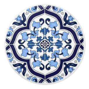 Bouton De Porte En Céramique Mosaïque sicilienne majolique florale blanche et b
