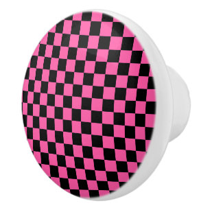 Bouton De Porte En Céramique Motif à carreaux noir et rose