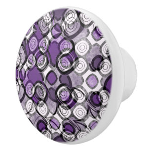 Bouton De Porte En Céramique Motif abstrait de cercles violets, gris et noirs