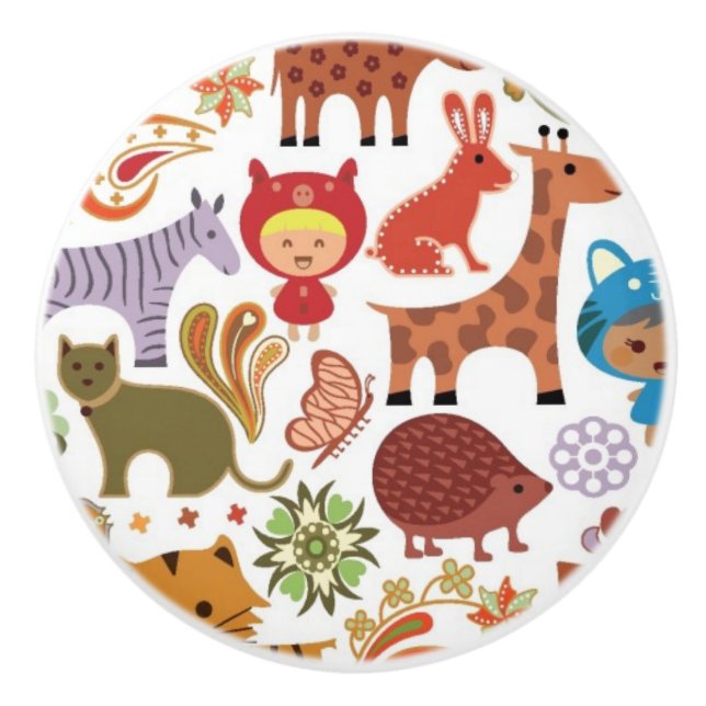 Bouton De Porte En Céramique Motif abstrait d'enfant et d'animaux (Devant)