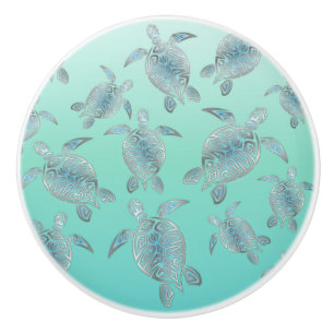 Bouton De Porte En Céramique Motif argenté de tortues de mer de turquoise