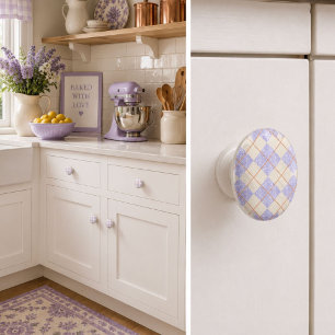 Bouton De Porte En Céramique Motif Argyle Violet Pastel sur Diamants Jaunes