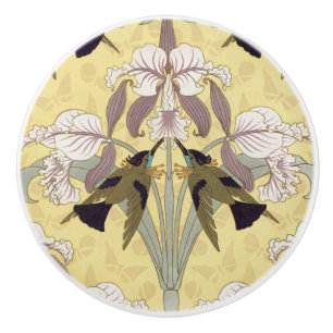 Bouton De Porte En Céramique Motif Art Nouveau d'orchidée colibri vintage
