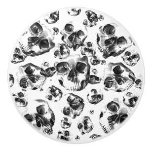 Bouton De Porte En Céramique Motif artistique de crâne de squelette noir et bla