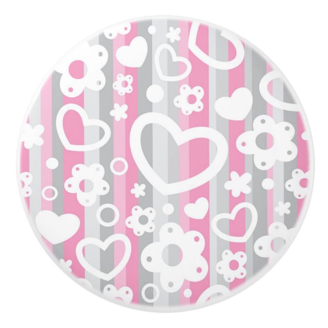 Bouton De Porte En Céramique Motif avec des coeurs et des fleurs (Devant)